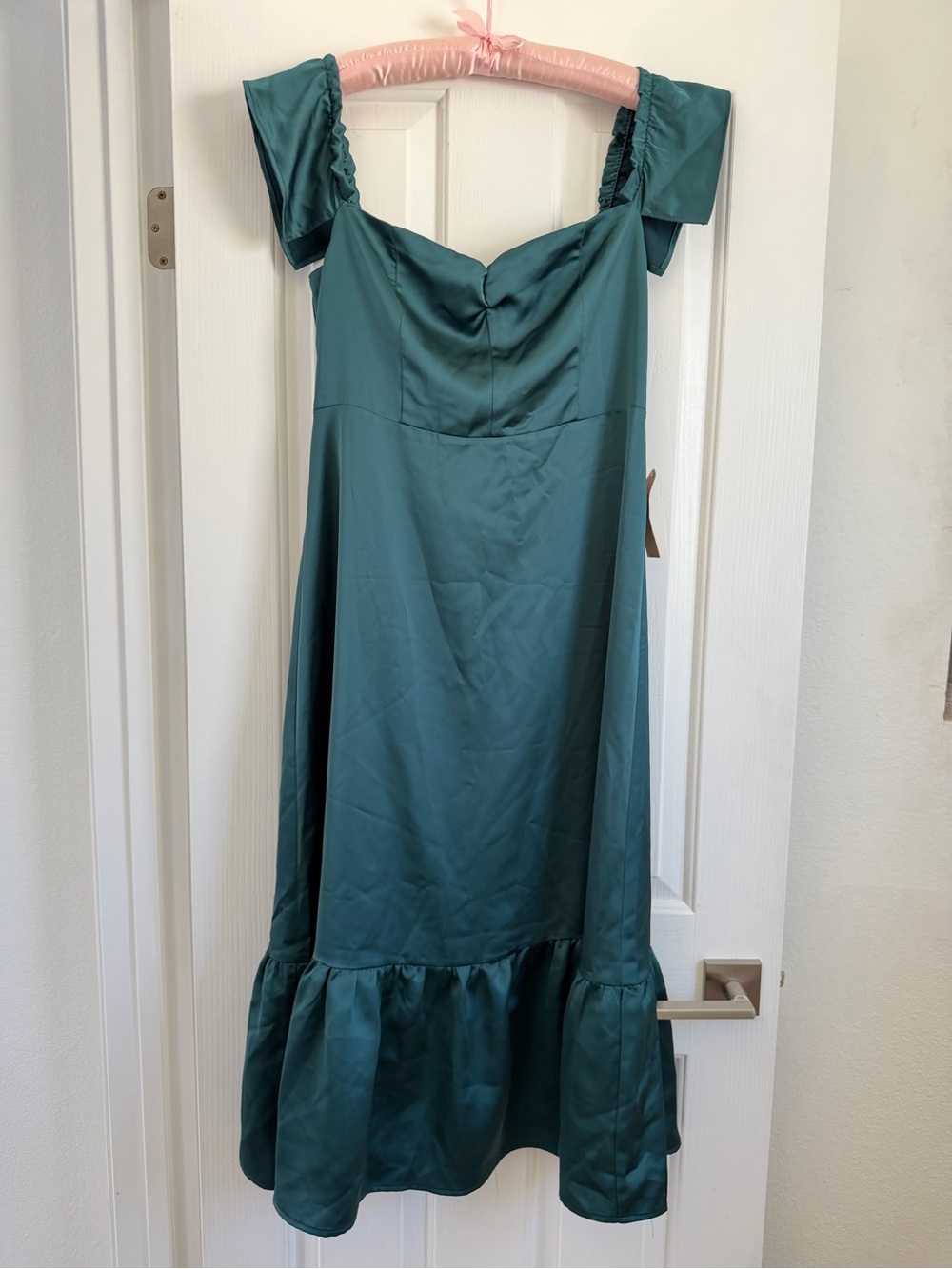 O.P.T. Emerald Green Satin Smocked Ruffle Midi Dress Size XL NWT - Picture 3 of 12